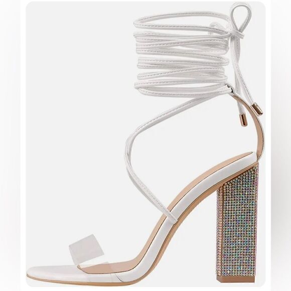 Rhinestones Block Heel Lace Up Ankle Wrap Sandals - Picture 13 of 16